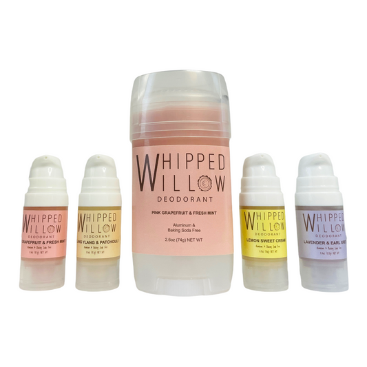 Whipped Willow Pink Grapefruit aluminum free deodorant stick and four mini deodorants